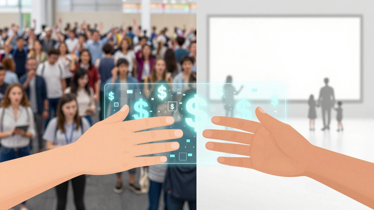 Two hands reach toward each other across a barrier of pixels and dollar signs, symbolizing digital vs. human connection.