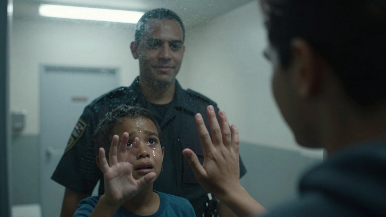 A child and parent reach toward each other through prison plexiglass, separated but emotionally connected.