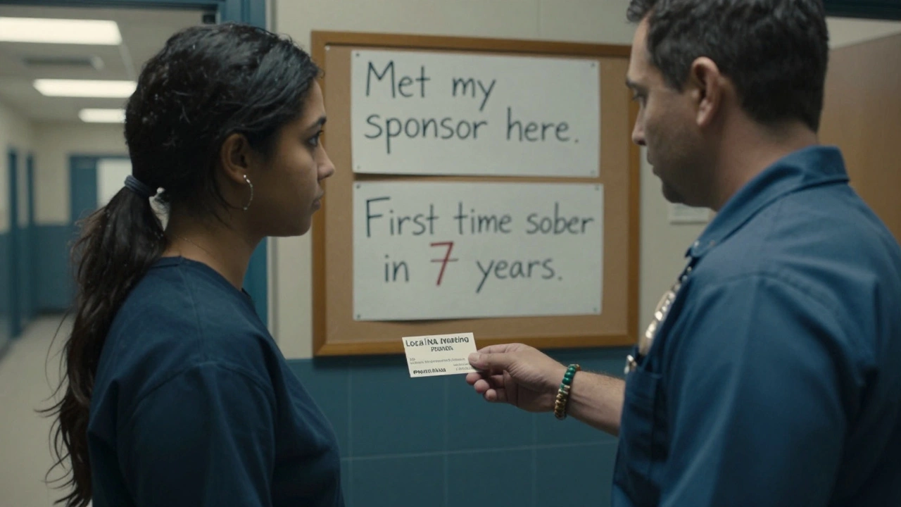 A correctional officer gives an inmate a NA meeting card with handwritten notes on a bulletin board behind them.