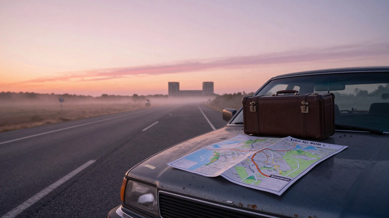 A family car parked on a remote highway with a map showing a long journey to a distant prison.