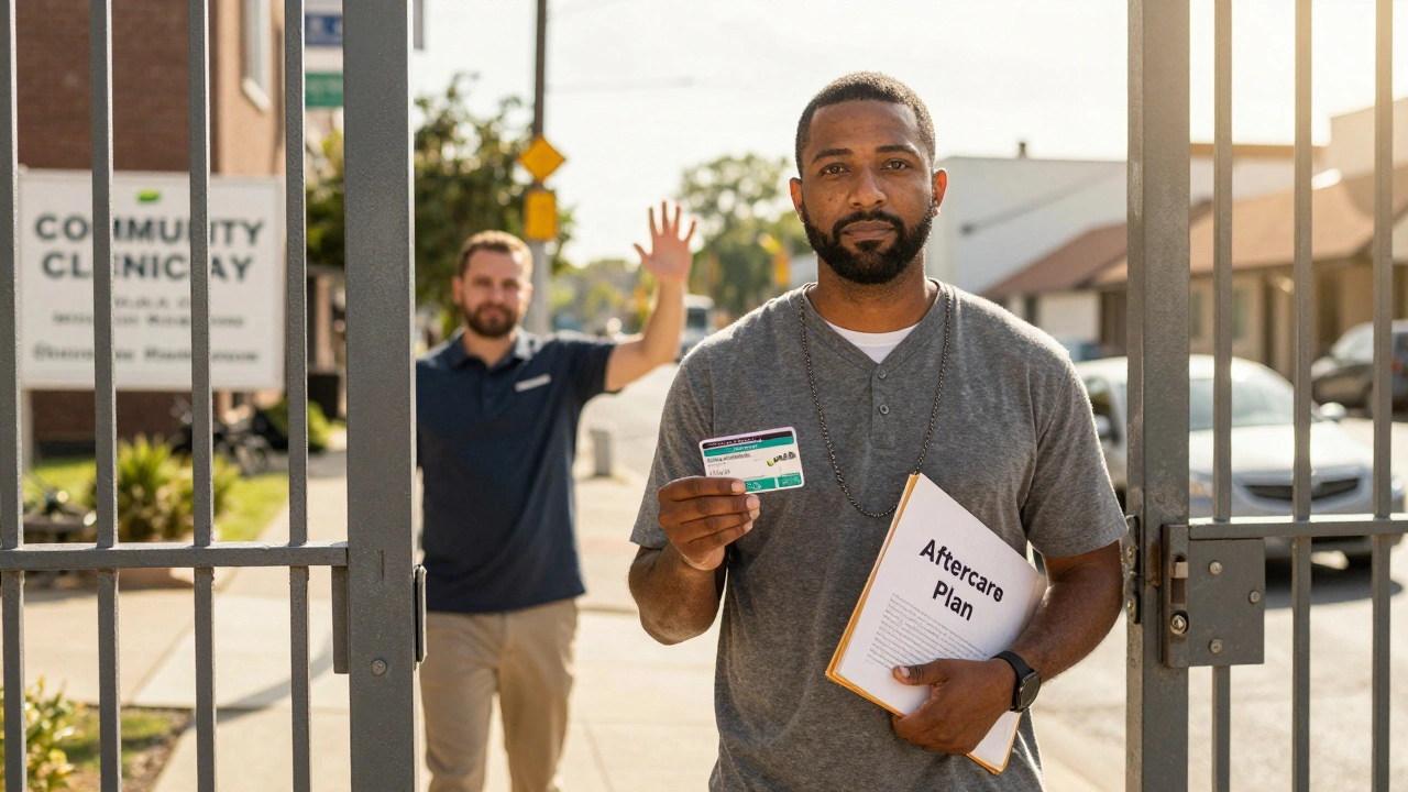 A former inmate exiting prison gate, holding aftercare documents, case manager waving goodbye.