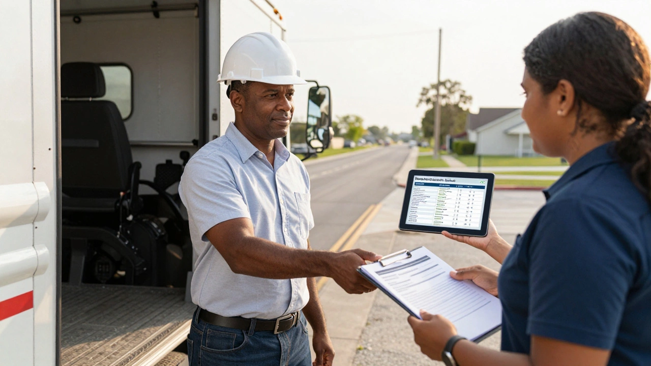 A formerly incarcerated man shaking hands with an employer outside a utility truck, receiving job documents from a case manager.