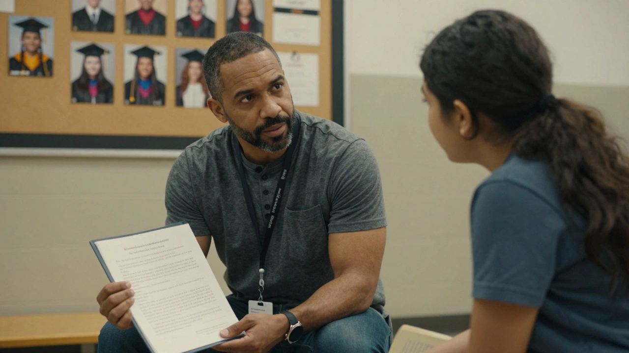 A formerly incarcerated peer advisor and student in deep conversation, sharing a portfolio of academic work inside a prison common area.