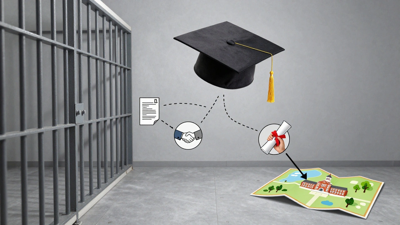 A graduation cap above a prison cell, connected by icons symbolizing education, employment, family, and reentry into society.