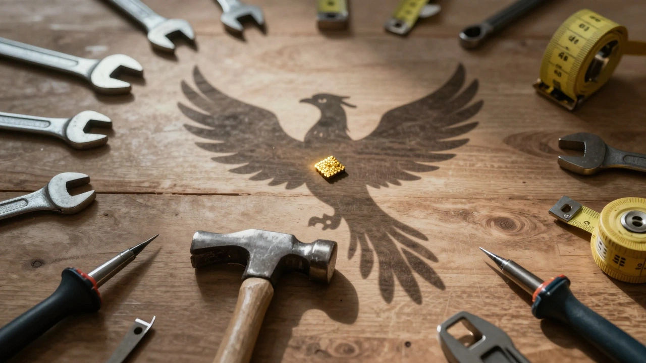 A hammer and recovery chip placed together on a workbench, surrounded by trade tools, symbolizing rebirth through skills and sobriety.
