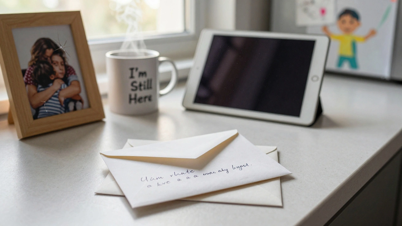 A heartfelt letter and a dark tablet sit on a kitchen table beside a faded photo of a parent and child.