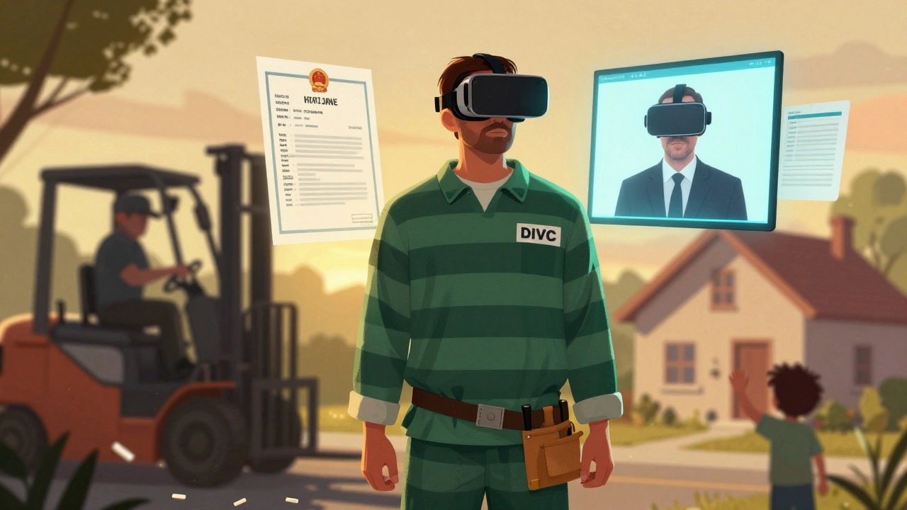 A man using VR to practice a job interview, with professional credentials floating around him as he transitions from past struggles to future hope.