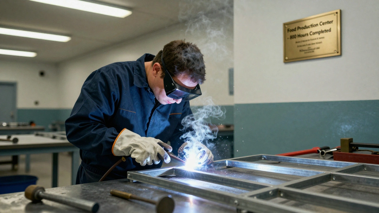 A person welding in a prison workshop, holding a vocational certification plaque.