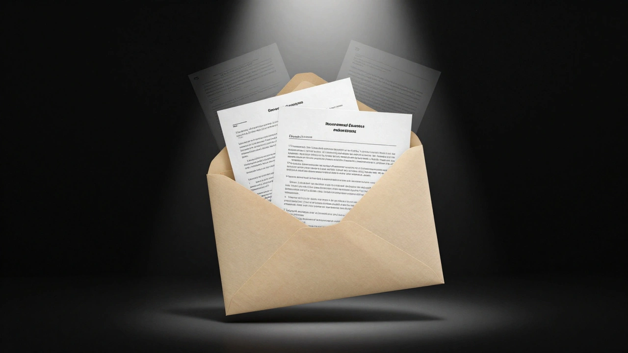 A single legal envelope illuminated in darkness, with faint legal documents emerging from it, symbolizing hope for incarcerated individuals.