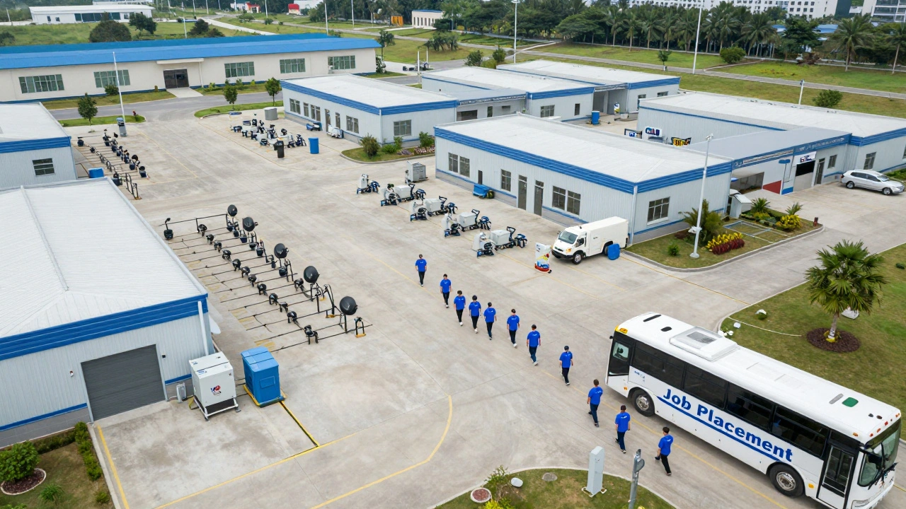 A vocational training village inside a prison with multiple skilled trade labs and graduates walking toward a job placement bus.