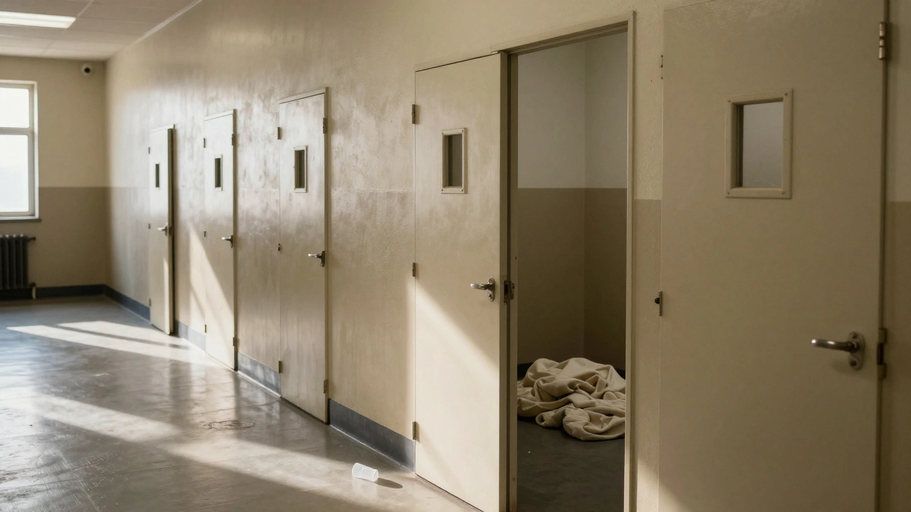 An empty SHU hallway with a slightly open cell door, a discarded cup on the floor, and long shadows from a high window.