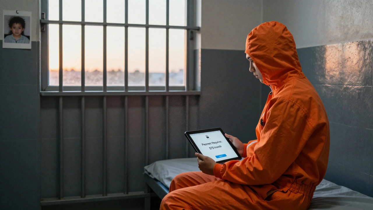 An incarcerated person holding a tablet with a payment notice, sunlight through bars, photo of child on wall.