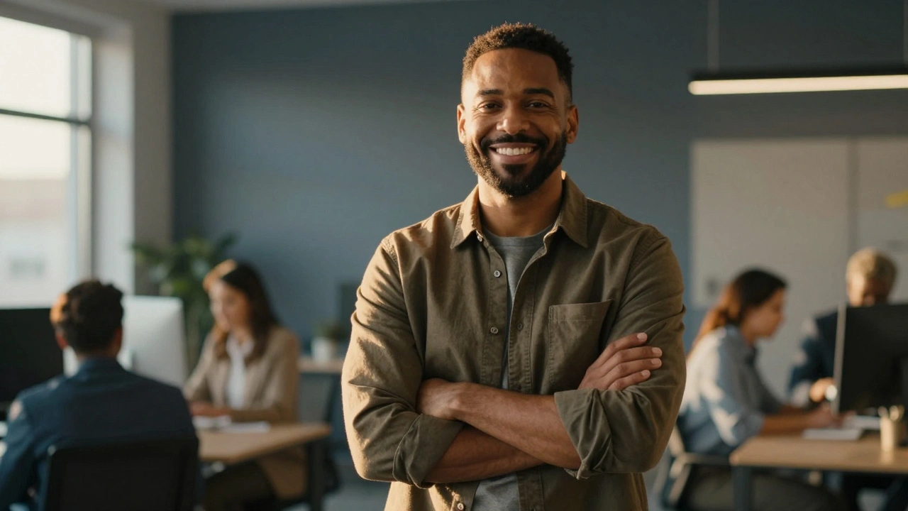 Confident former inmate in professional workplace environment showing rehabilitation success