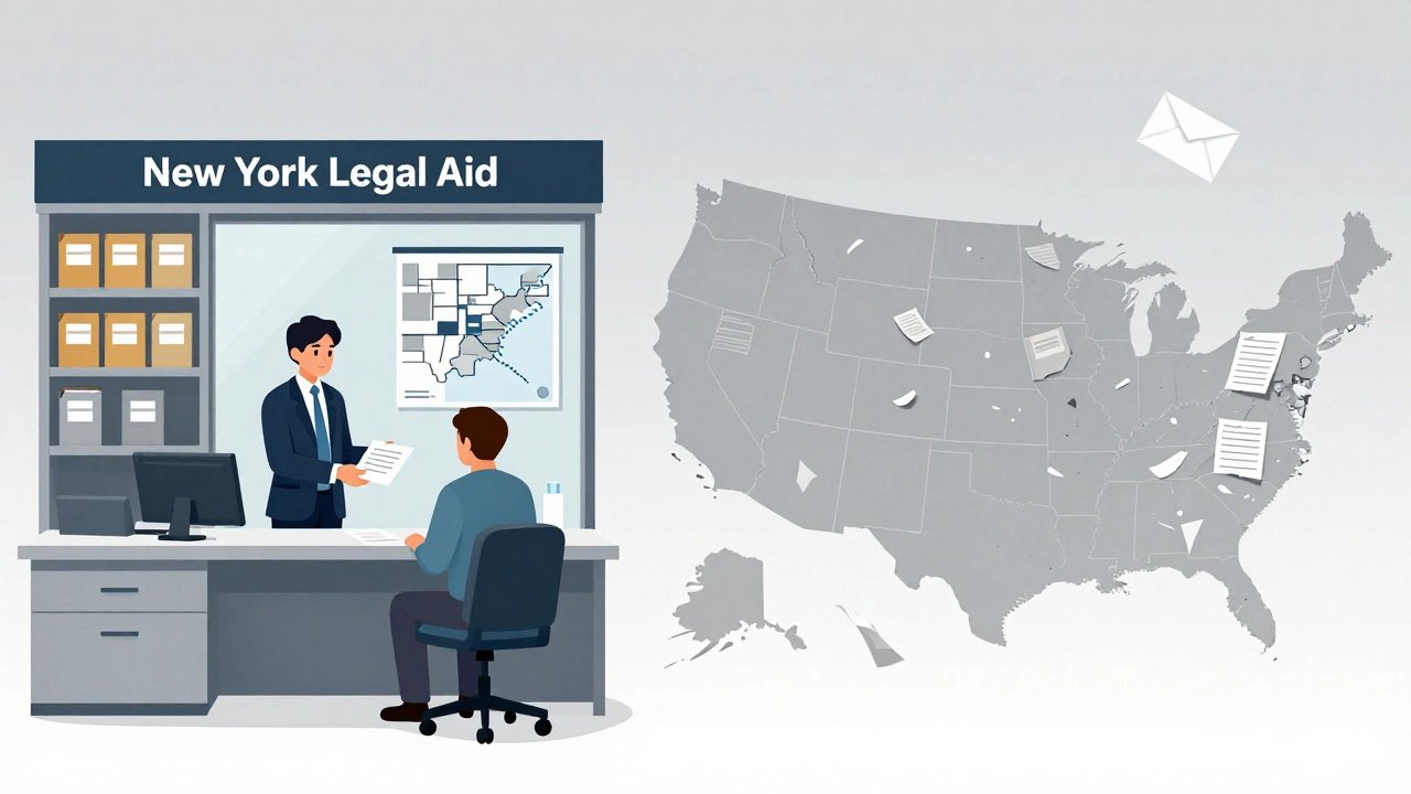 Contrasting images of an organized legal aid system in New York versus a disorganized, failing system in another state.