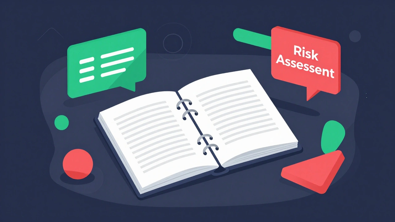 Desk with abstract shapes representing risk assessment tools.
