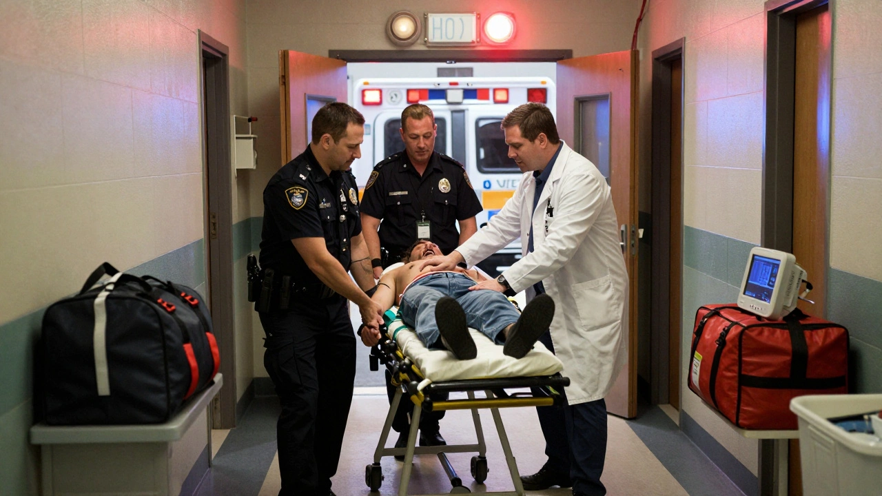 Emergency responders transporting an unconscious inmate from a correctional facility to an awaiting ambulance.