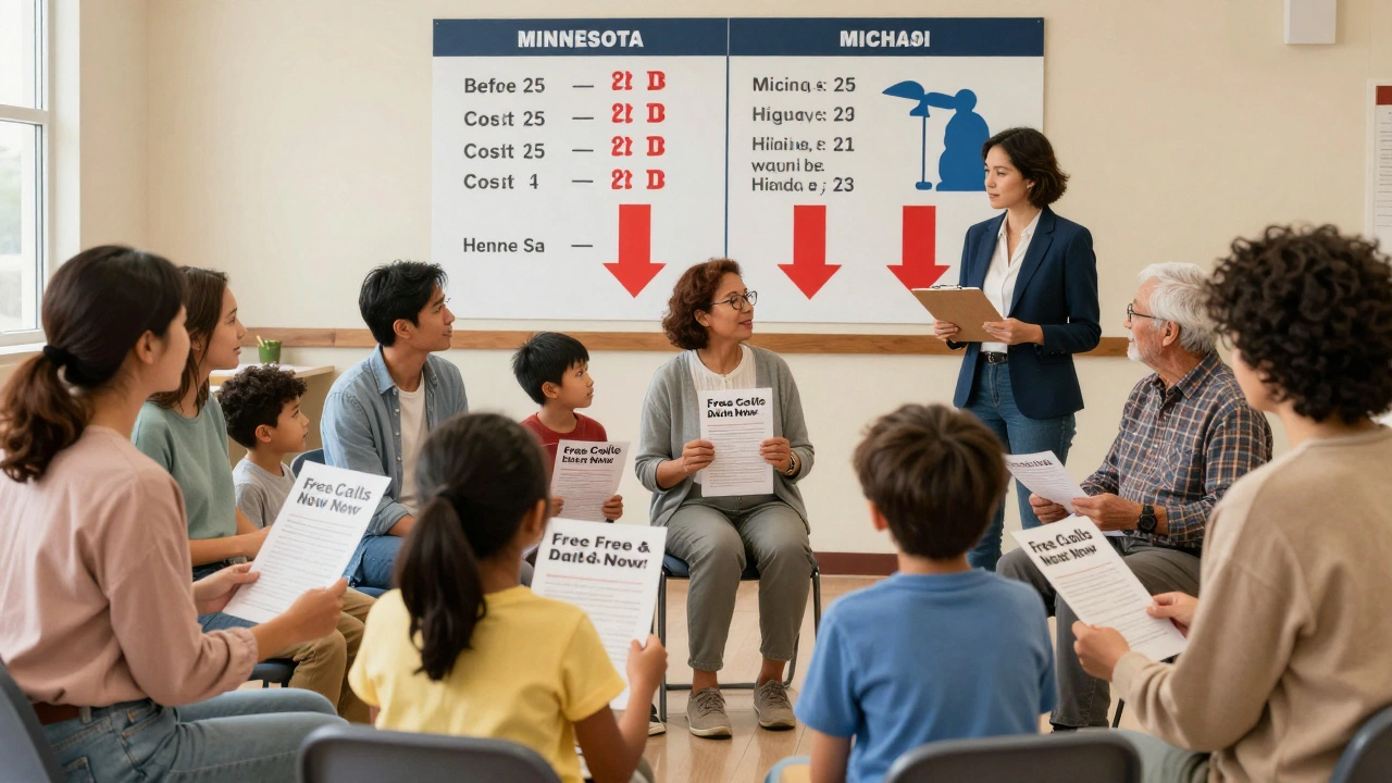 Families in a community center listening to an advocate, wall chart showing reduced communication costs.