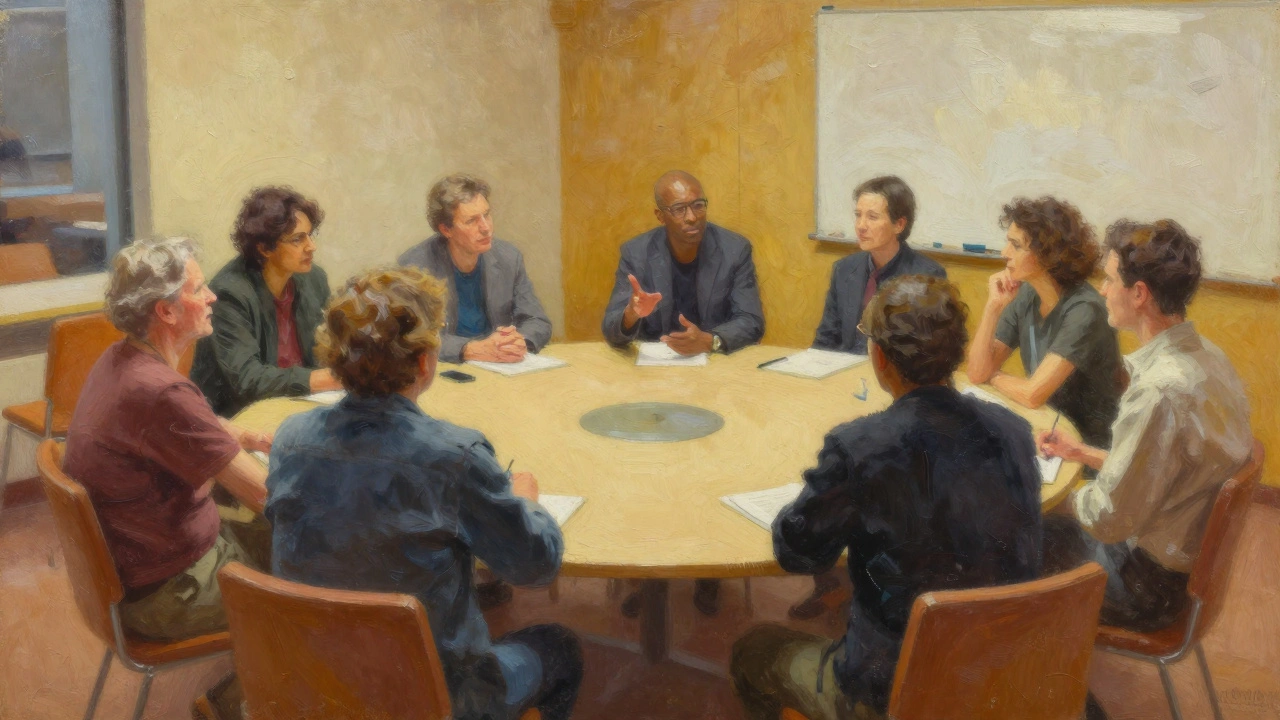 Group meeting in a rehabilitation classroom setting.