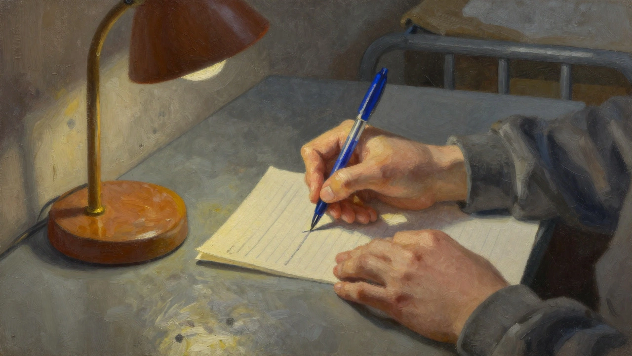 Hands writing letter on paper under desk lamp in cell