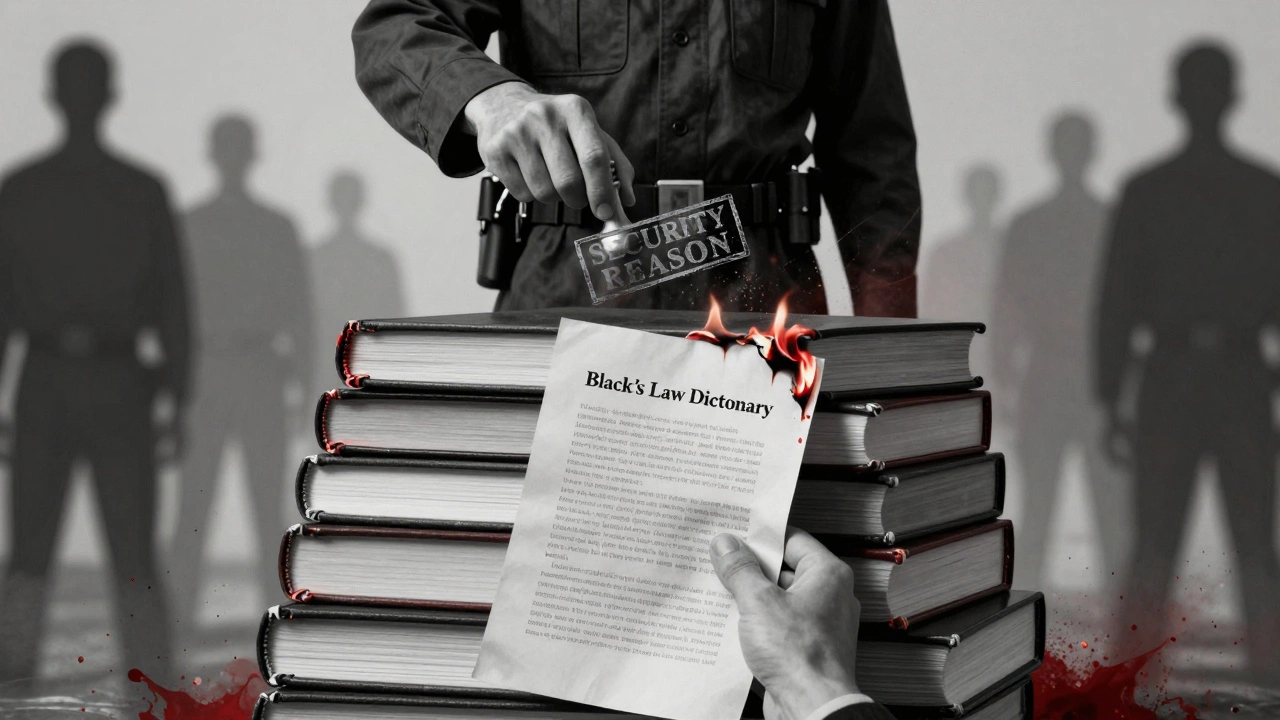 Human figure composed of burning legal books, one intact page labeled 'Black’s Law Dictionary'.