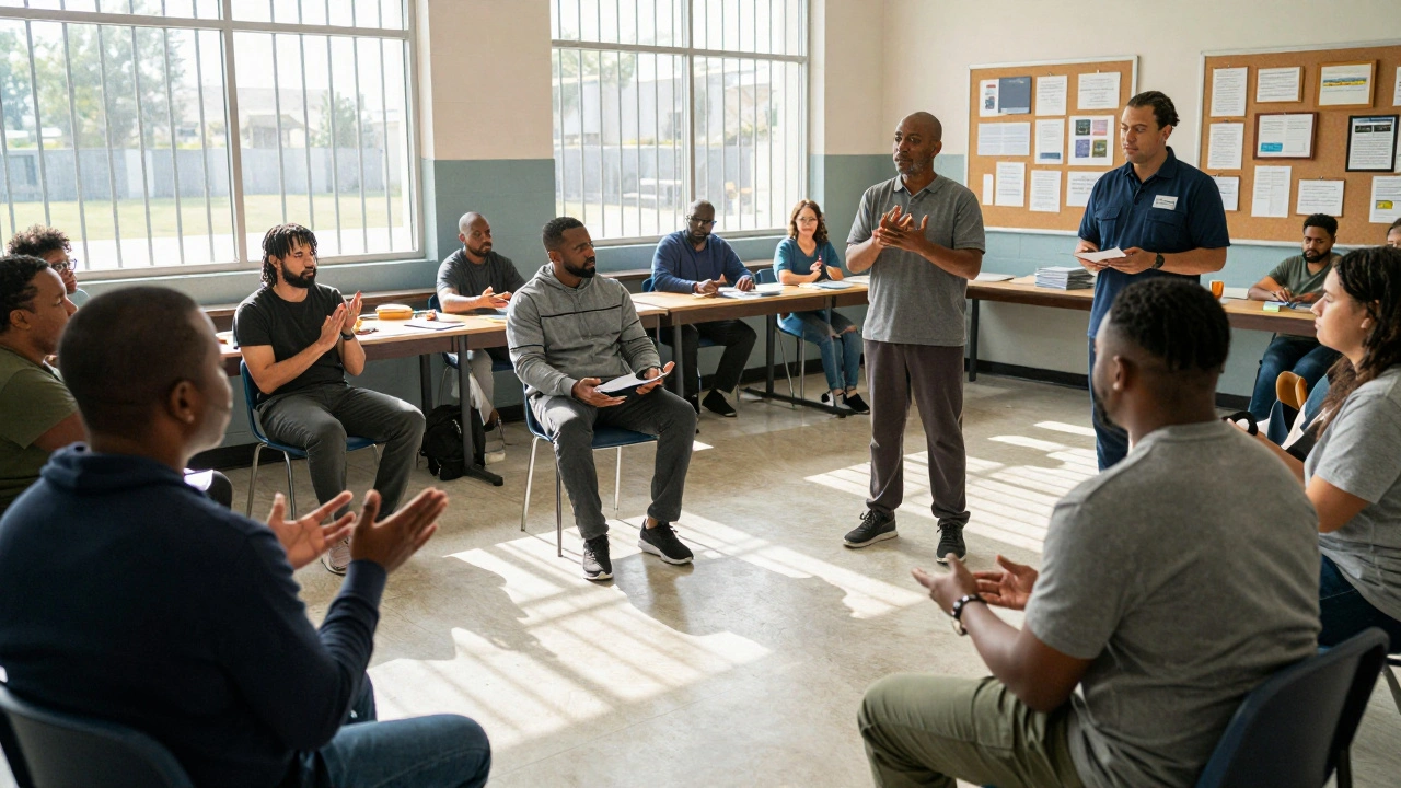 Incarcerated individuals practicing conflict resolution skills in correctional facility classroom