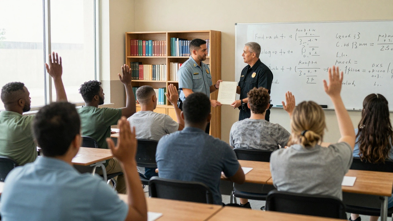 Incarcerated individuals receiving diplomas in a prison classroom with educators.