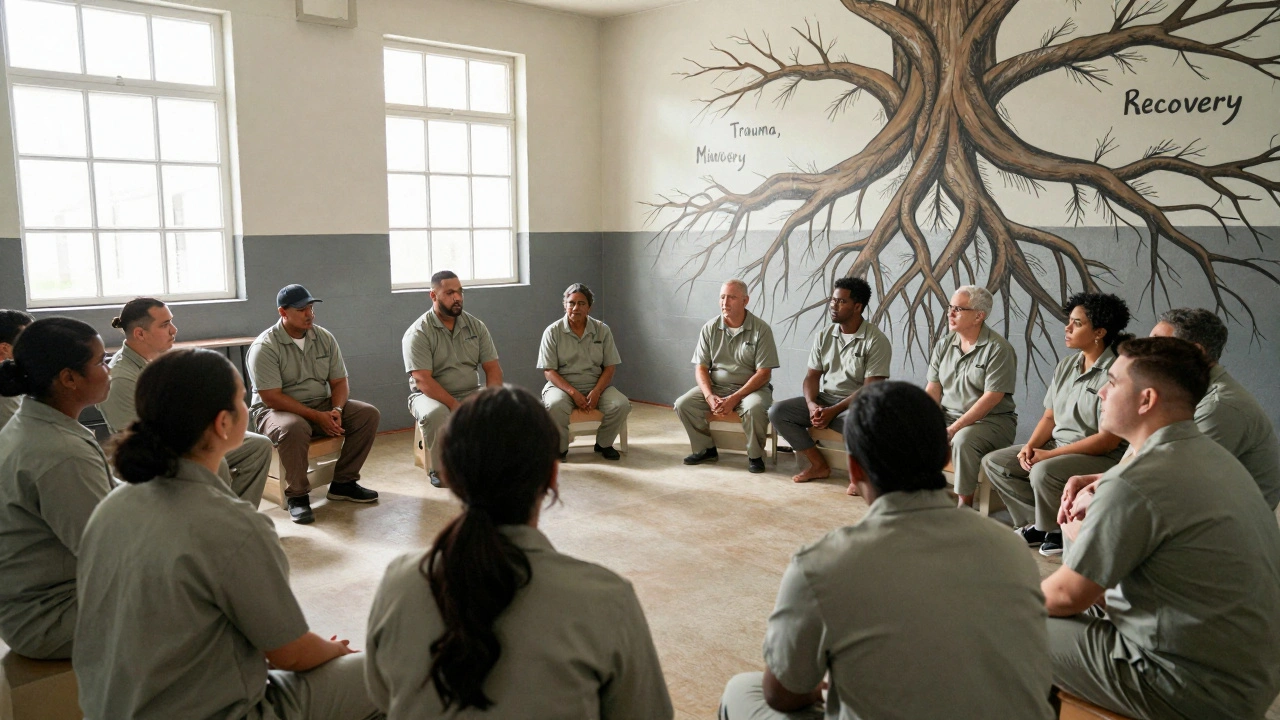 Inmates in a prison therapeutic community circle, sharing stories under a mural of roots and branches.