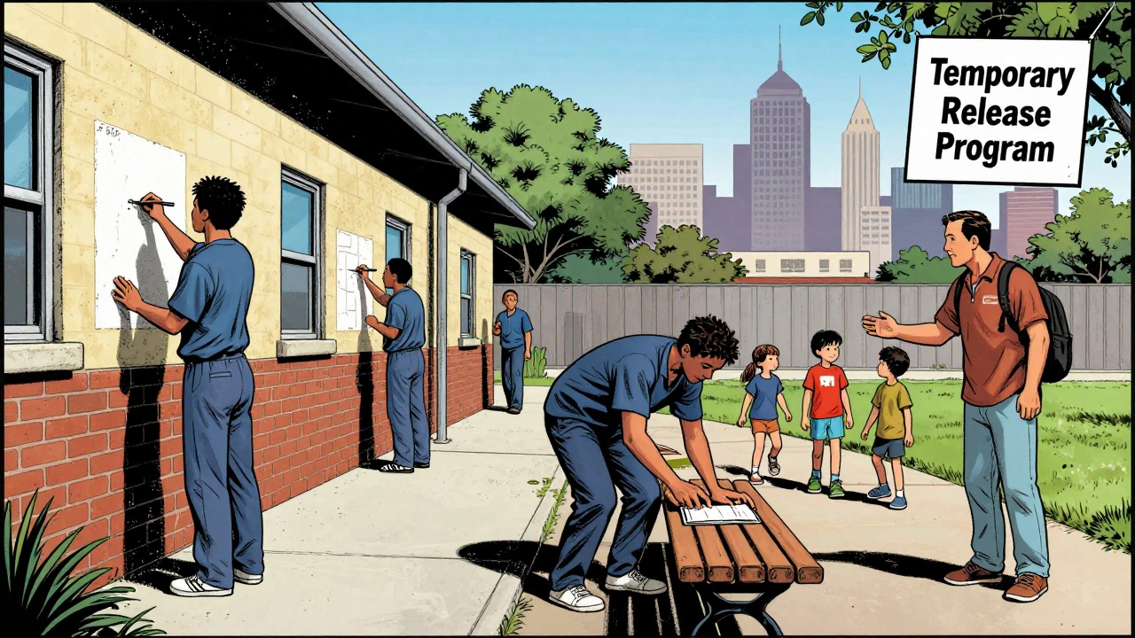 Inmates painting a school wall and repairing park benches with community mentor.