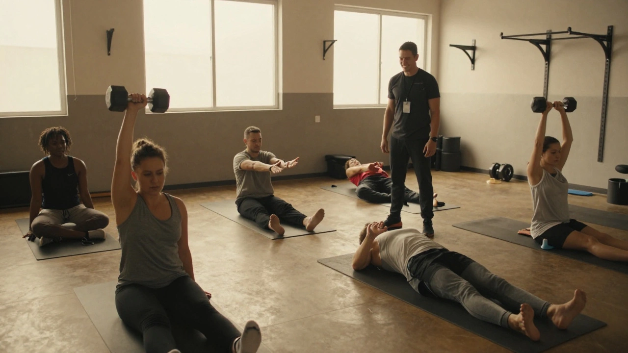 Inmates participating in a combined fitness program with weightlifting, yoga, and circuit training.