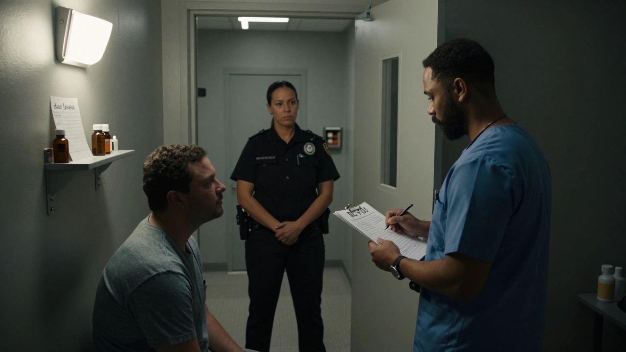Medical staff conducting a daily wellness check on an inmate in solitary confinement under strict supervision.