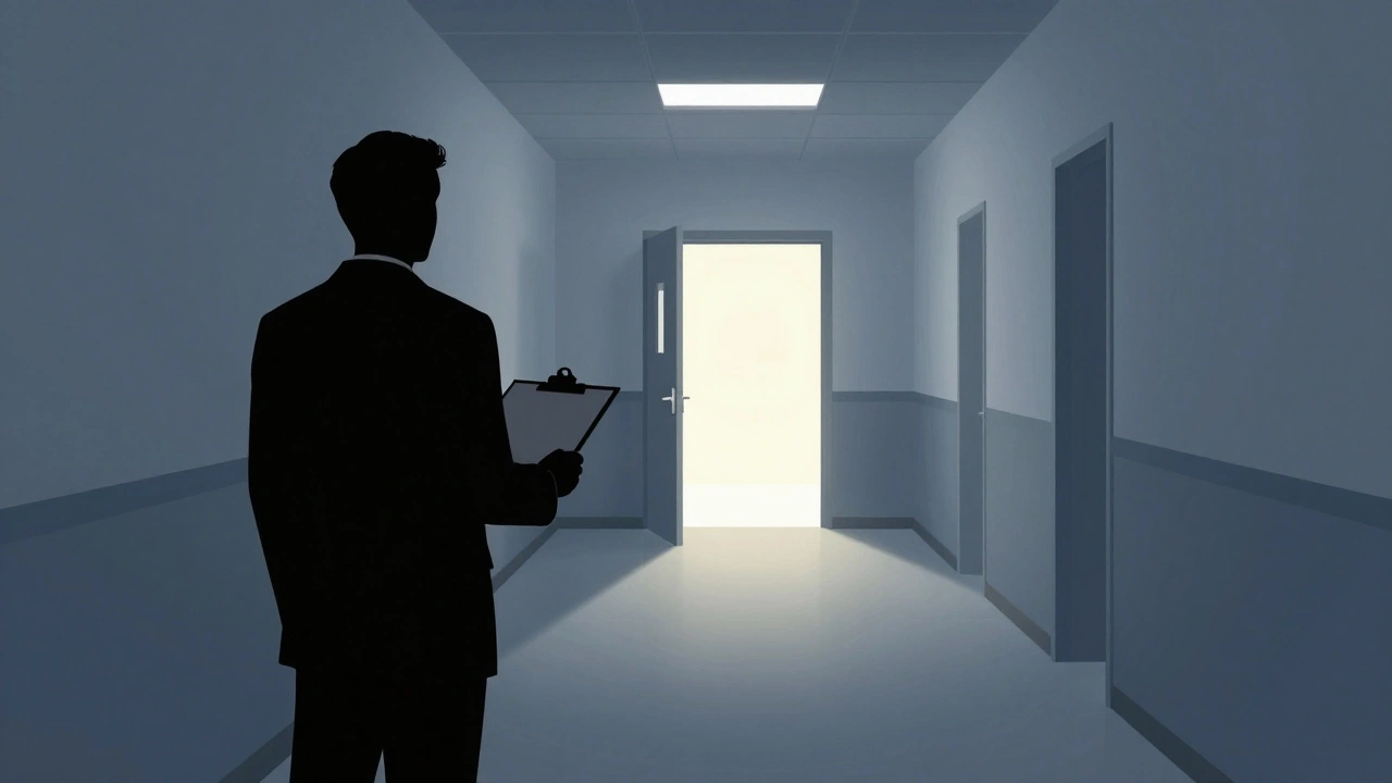 Monitor standing in institutional corridor holding clipboard.