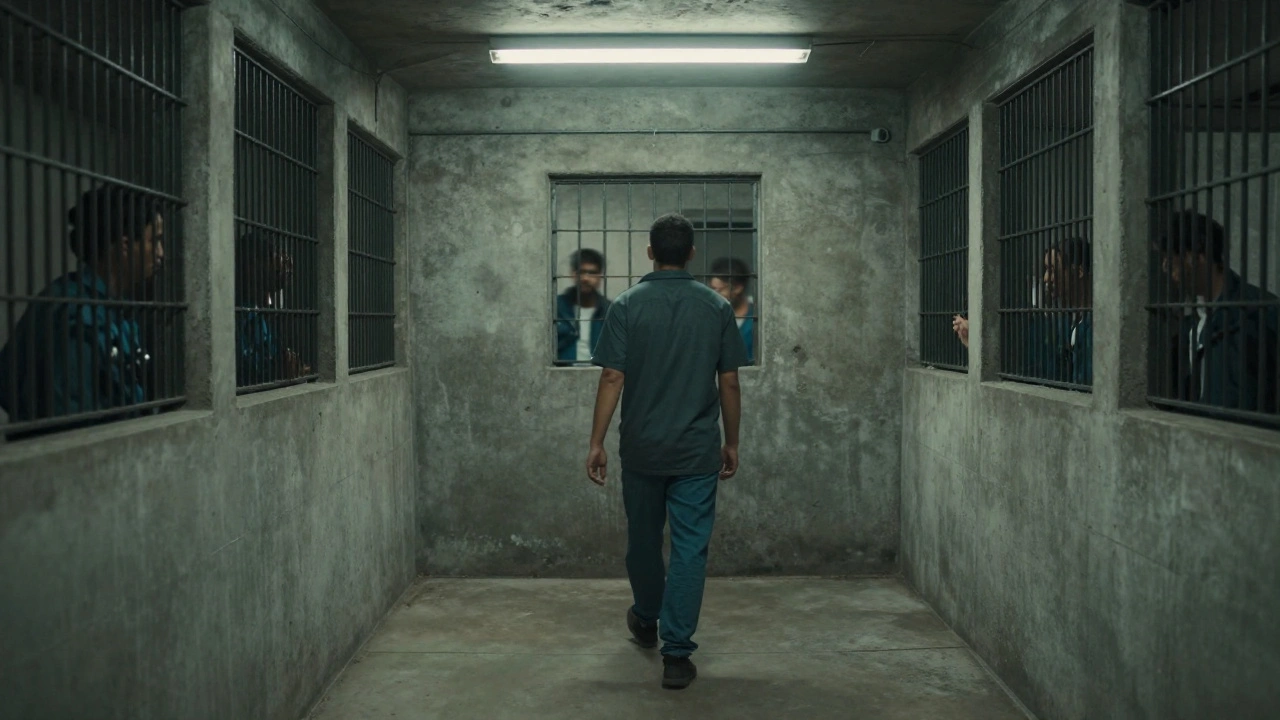 One inmate walks alone in a concrete yard, with blurred figures visible through barred windows in nearby cells.