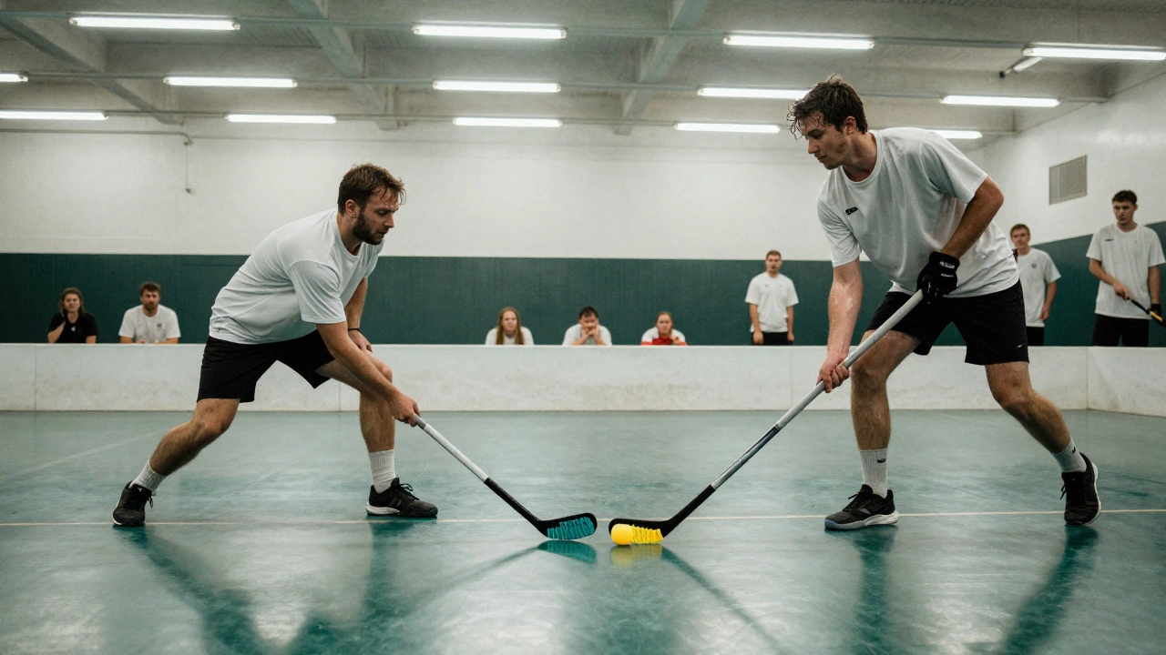 Prisoners engaged in a floor hockey match, passing a foam puck on a gym floor.