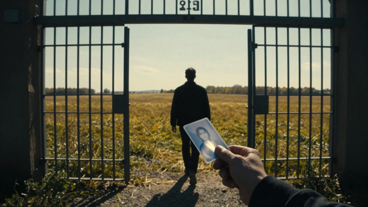 Silhouette walking through prison gates into sunlight holding ID card