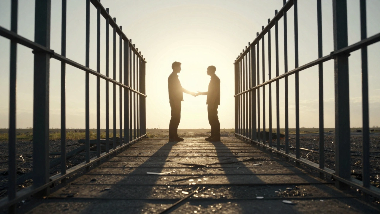 Silhouettes meeting at horizon after leaving prison bars