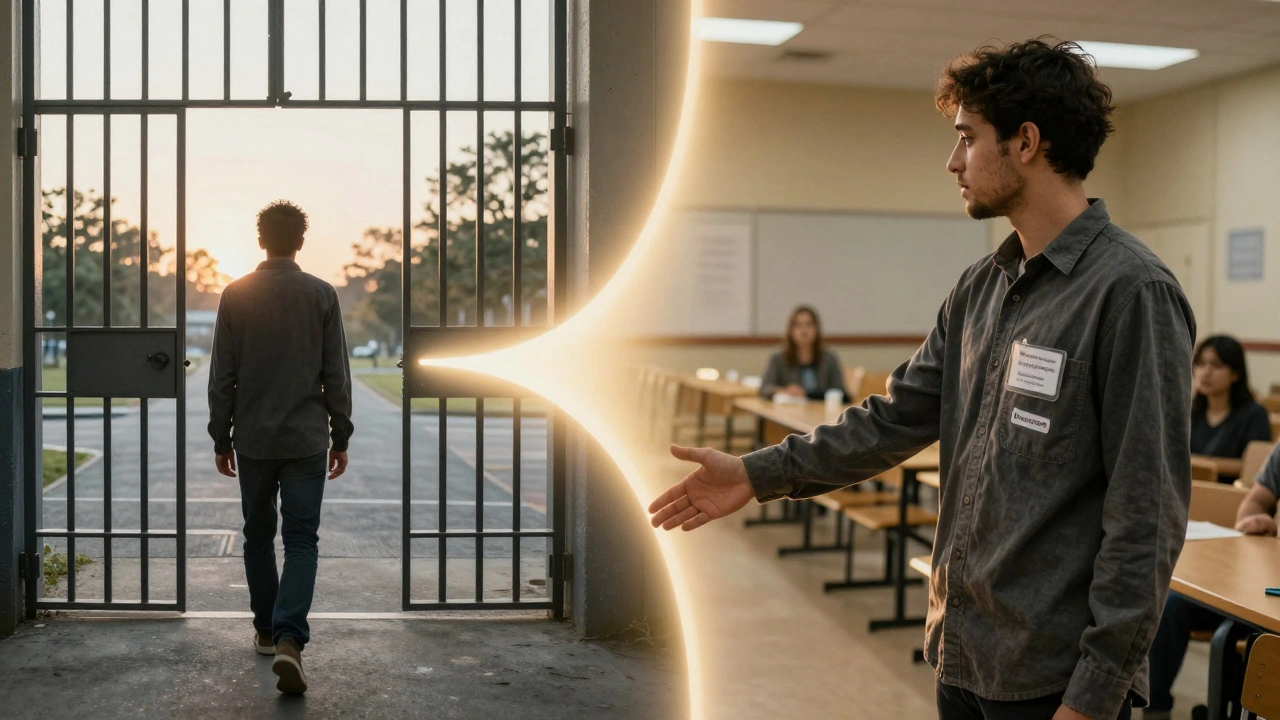 Split image: a person leaving prison versus same person receiving support in a community center, symbolizing recovery.