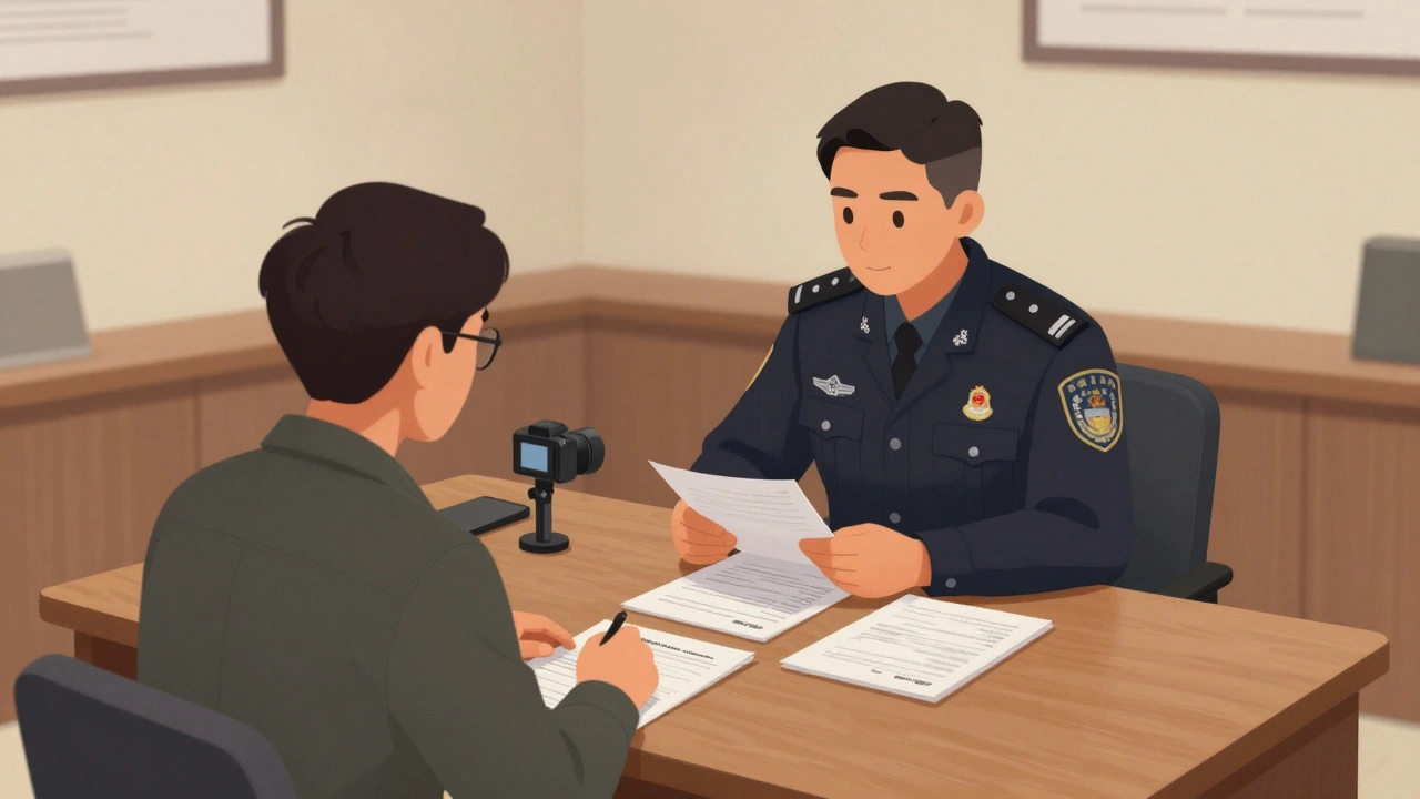 Staff assisting inmate with ID paperwork and photo capture indoors