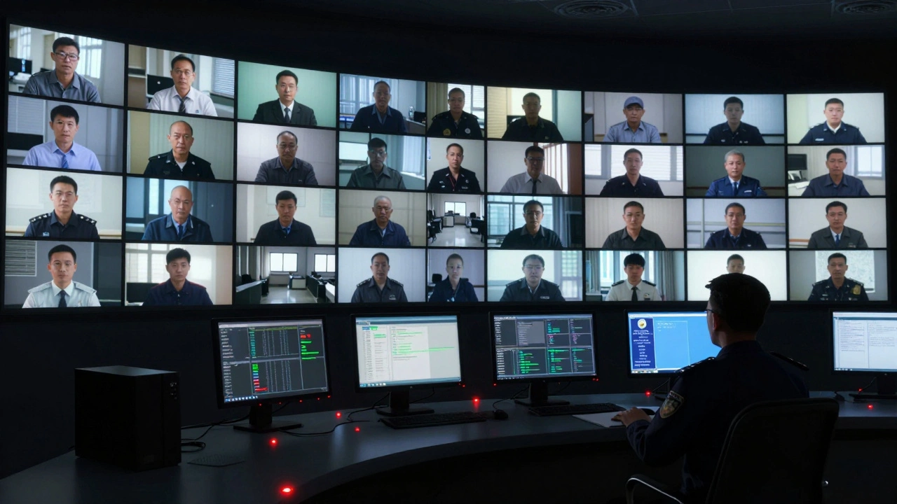 Surveillance monitors displaying monitored video visitation feeds