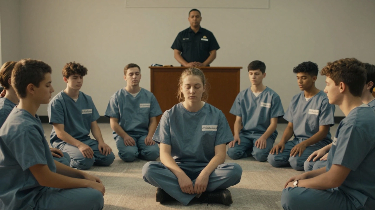Two groups of incarcerated teens: one in mindfulness therapy, the other in a passive group session.
