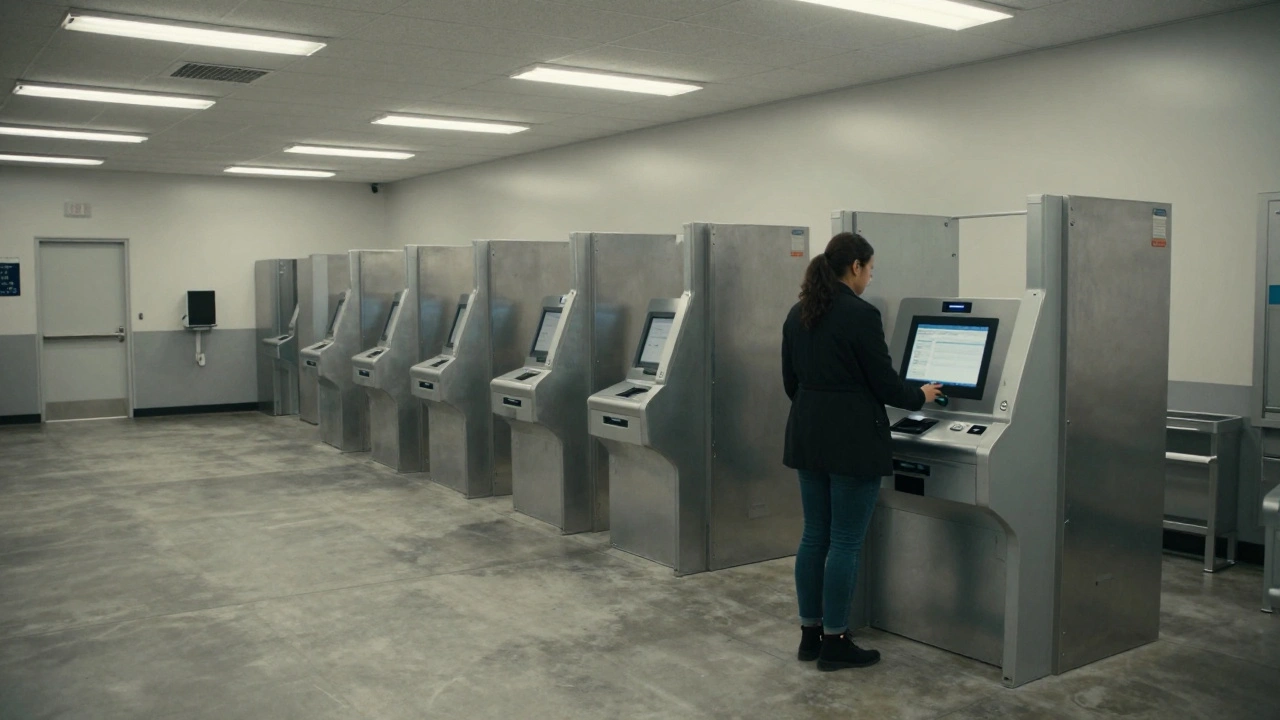 Visitor using a self-service kiosk in a detention center lobby