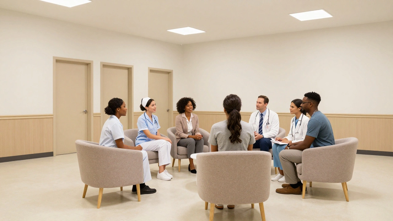 A bright, calming communal therapy room with a multidisciplinary medical team.