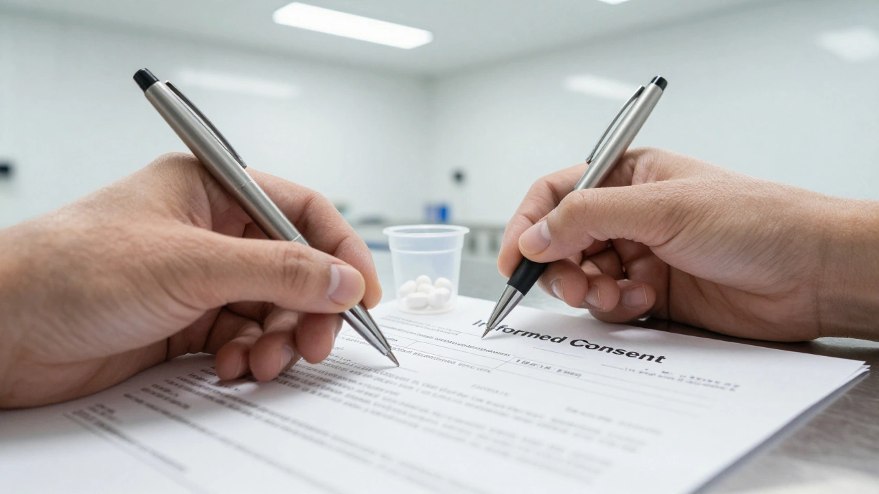 A close-up of a hand signing a medical consent form next to psychiatric medication in a clinic.