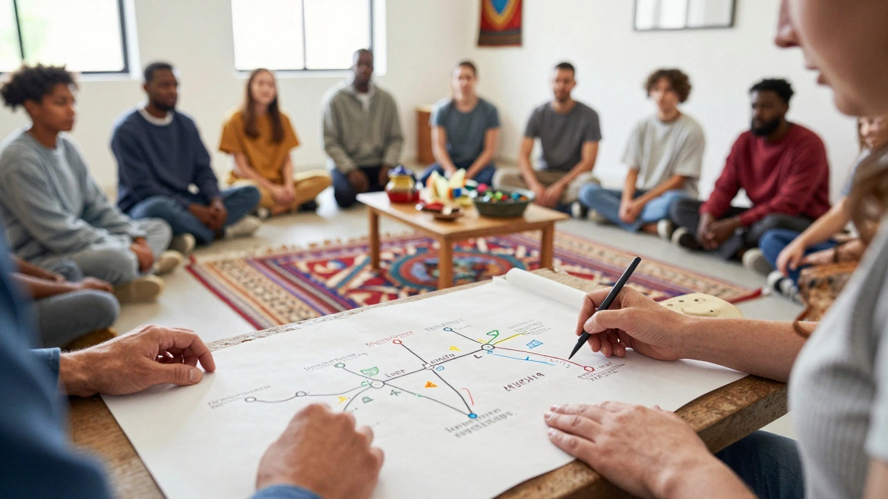 A counselor and an incarcerated person collaboratively designing a reentry plan in a warm room.