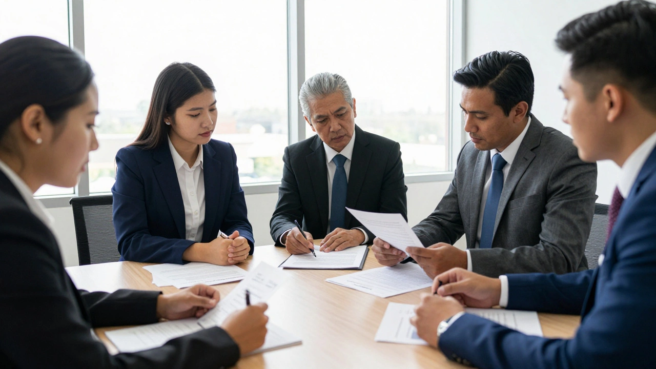 A diverse team of lawyers and advocates collaborating over legal documents at a table.