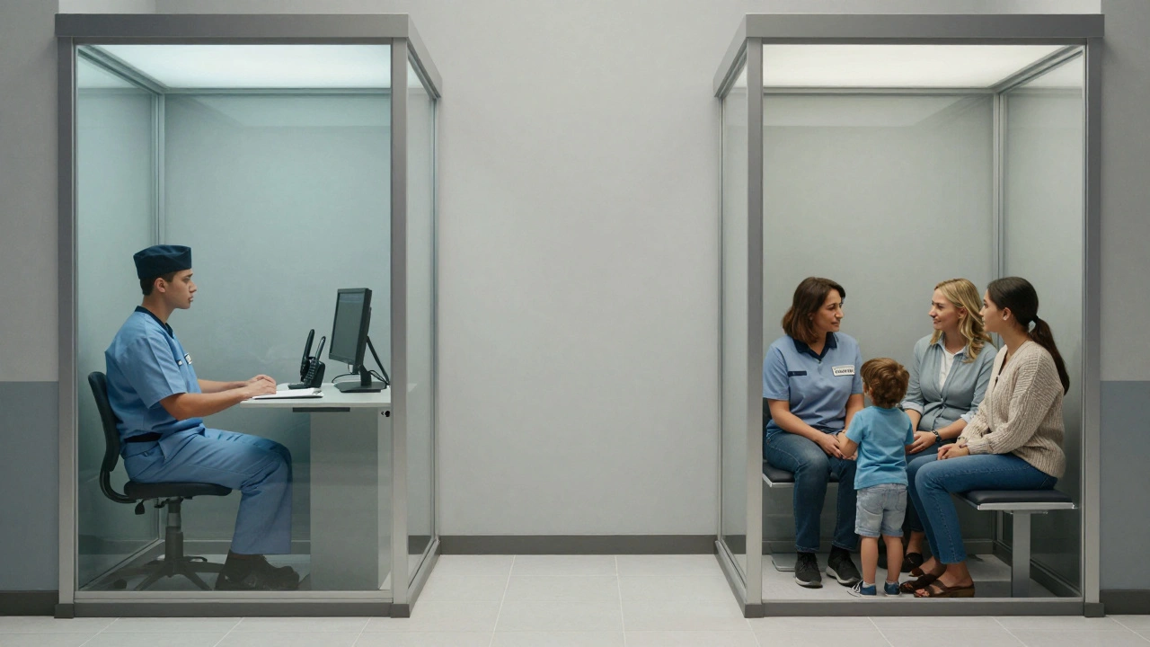 A family visiting an incarcerated person through a secure glass booth with intercoms