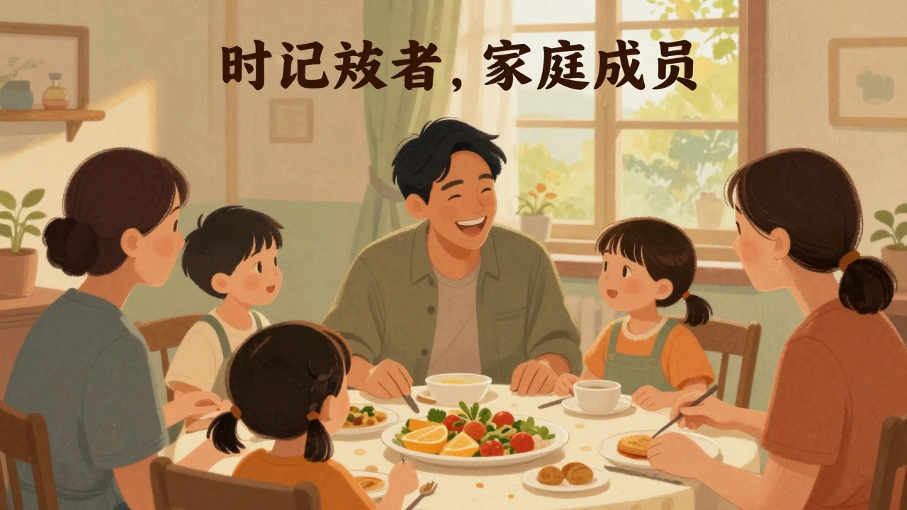 A happy family gathering around a dinner table, focusing on a parent reuniting with their child.