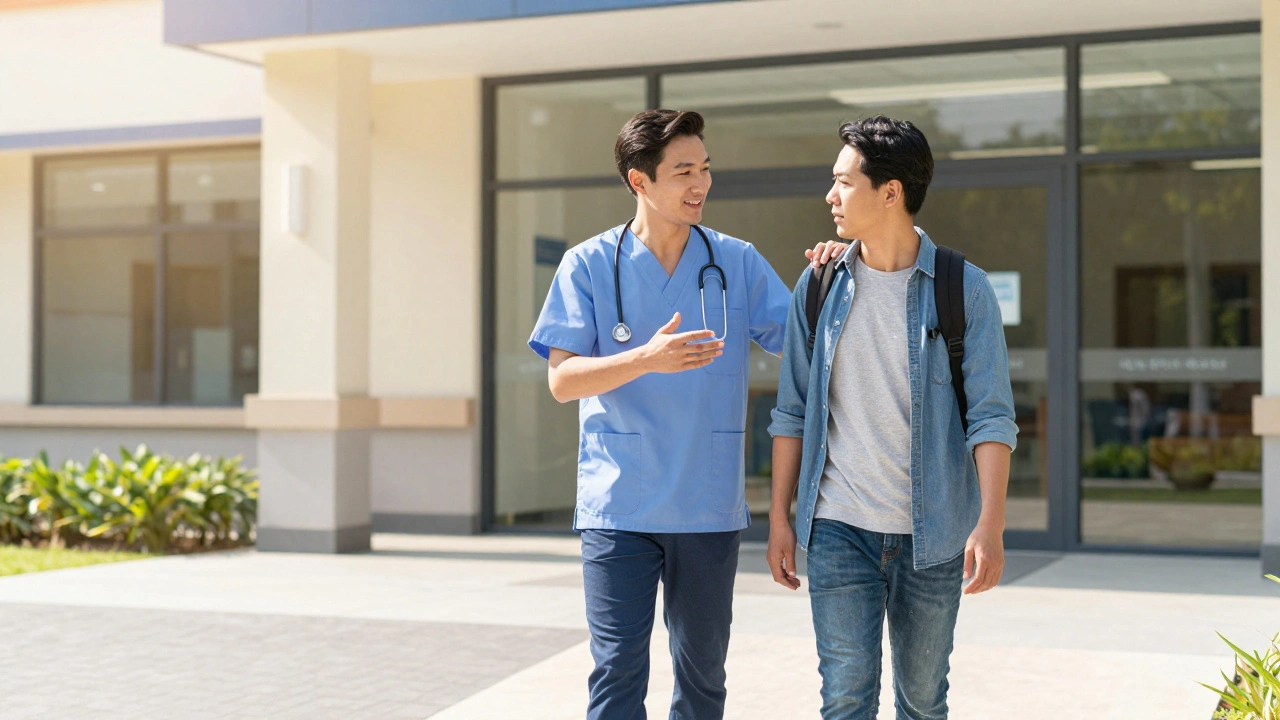A healthcare caseworker guiding a patient into a community medical center.