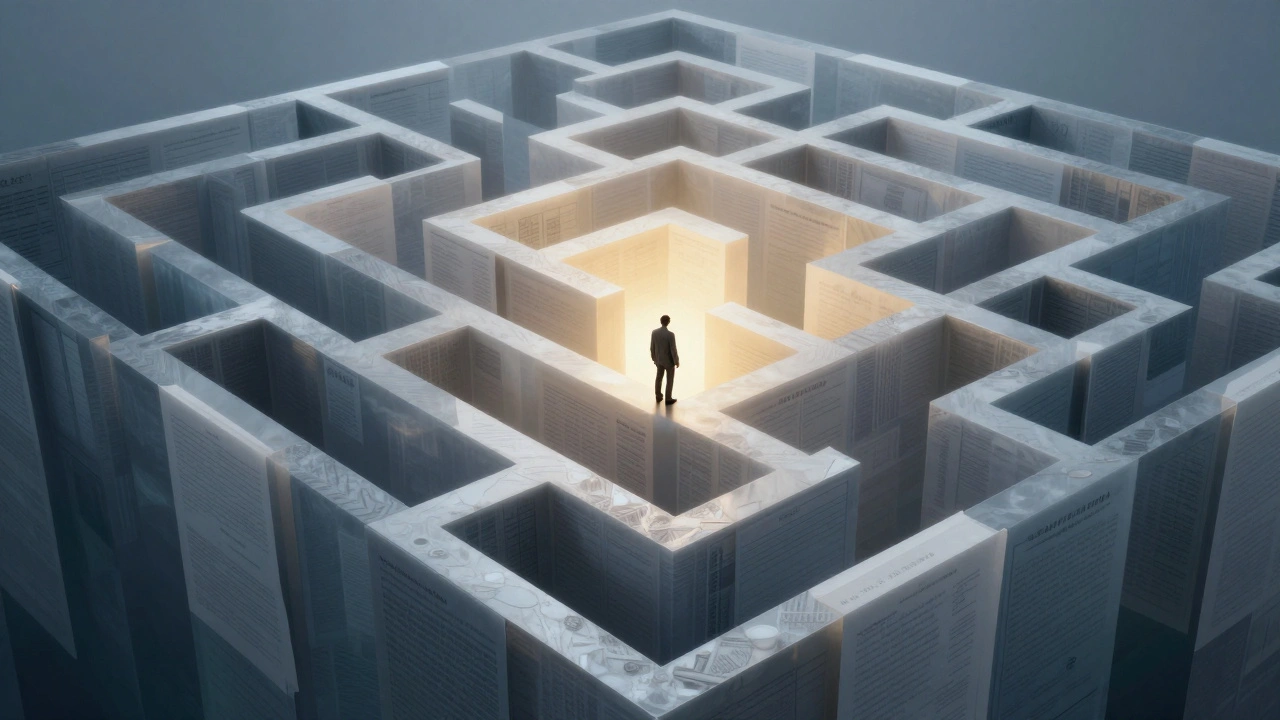 A person navigating a giant maze made of legal forms and bureaucratic papers