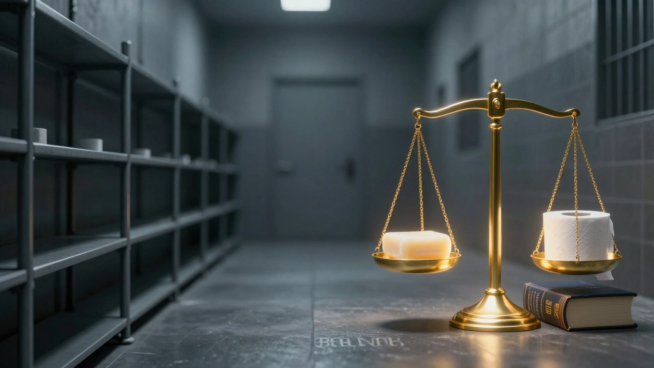 A scale of justice weighing basic hygiene products against a legal book