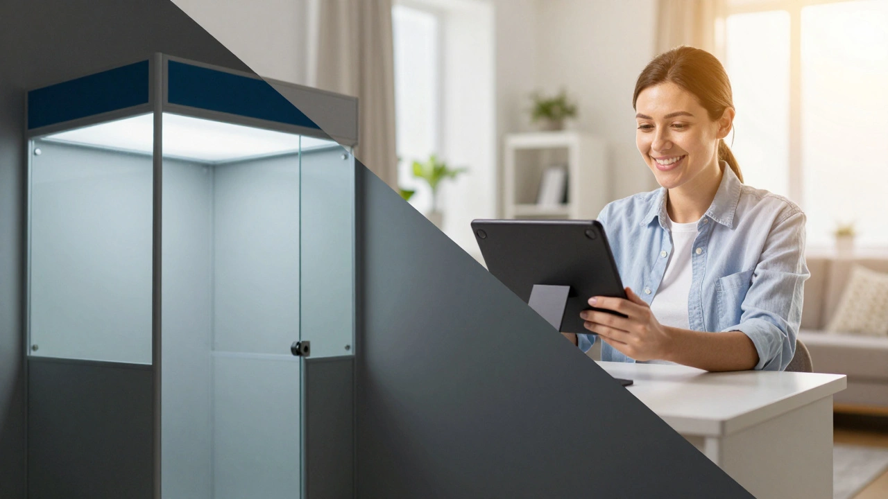 A split screen showing a prison visiting booth and a person using a video visit tablet